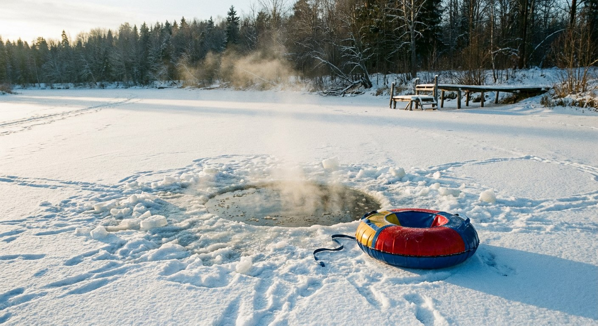 В Карелии дети, катающиеся с горки, могут оказаться в опасности, провалившись в прорубь. Фото: нейросеть