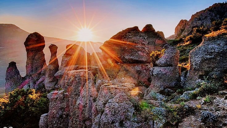 В кадре — десятки каменных исполинов высотой до 30 метров, выточенных ветром и дождем. На переднем плане — одинокий куст можжевельника, покрытый росой. Над горизонтом — первые лучи солнца, окрашивающие скалы в розово-золотые тона. Координаты: 44°43′ с.ш. 34°30′ в.д., Ялтинский горсовет. Высота над уровнем моря 1200 м. Температура воздуха +5°C, влажность 85%. Видны следы древних аланов на скалах.