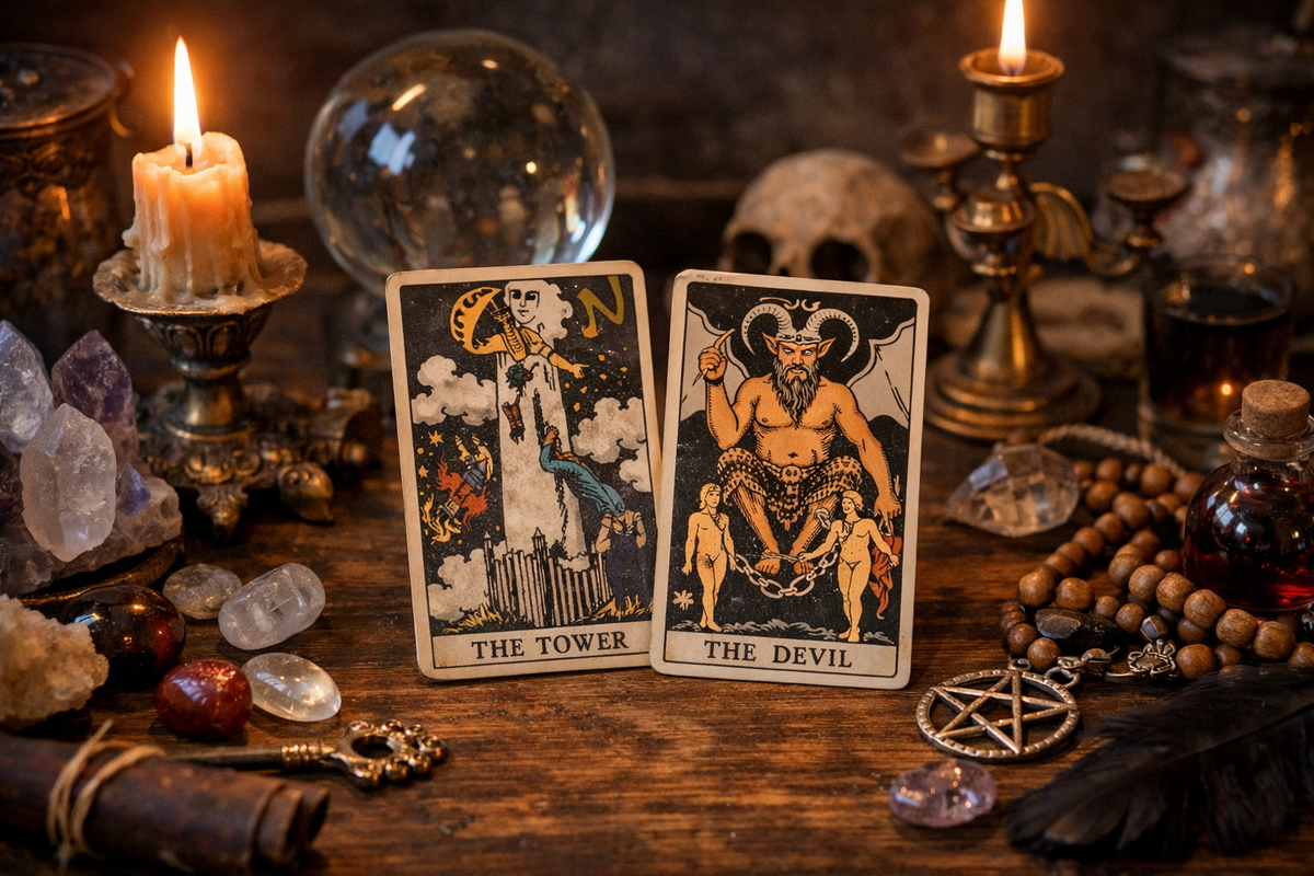 Сочетание карты Башня и Дьявол в Таро на столе с атрибутами гадания