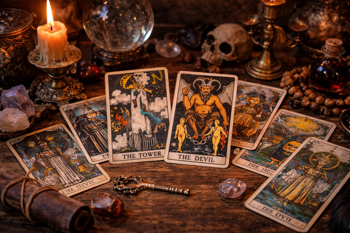 Дьявол и Башня сочетание в окружении других карт Таро подчёркивает, как соседние арканы уточняют сценарий кризиса.