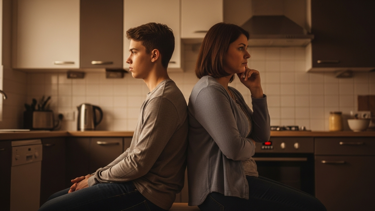 родитель и подросток сидят рядом на кухне вечером, между ними ощущается эмоциональная дистанция — они не смотрят друг на друга, каждый погружён в свои мысли. Подросток слегка напряжён, с закрытой позой, родитель — растерянный, задумчивый.