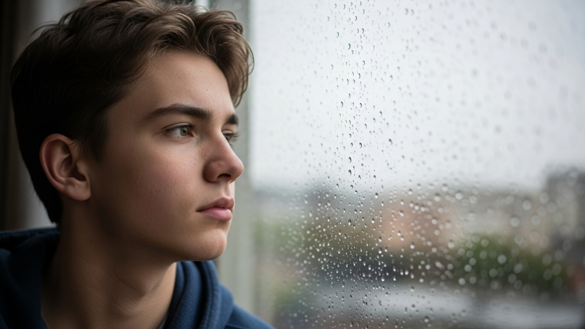 подростка у окна в пасмурный день