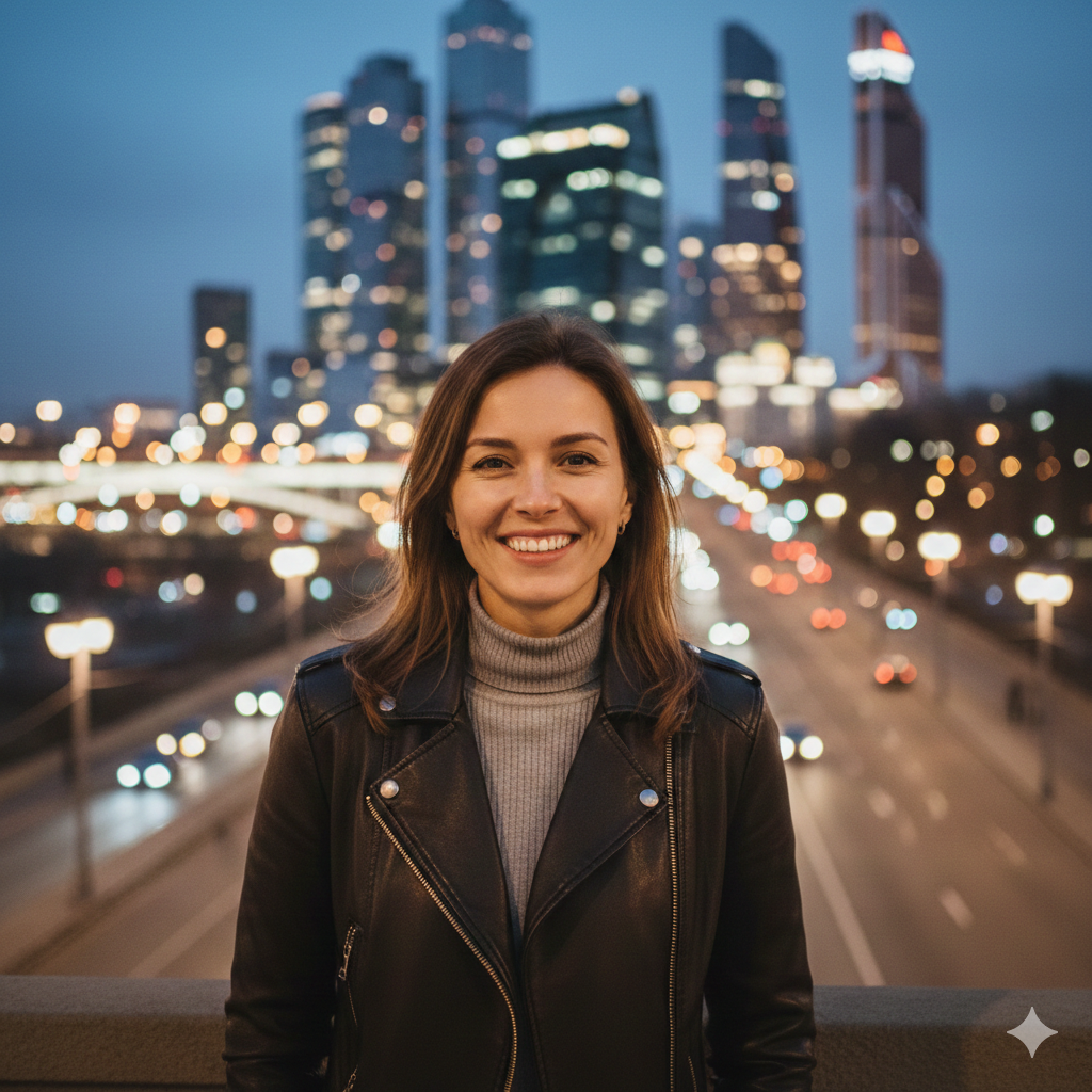 Счастливая женщина на фоне вечерних огней Москвы и Сити. Реальный план переезда в столицу и покупка квартиры в новостройке без переплат в 2026 году