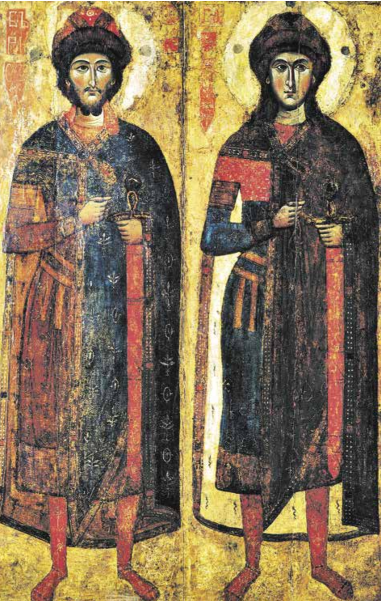 Святые Борис и Глеб. Икона из Савво-Вишерского монастыря Новгородской области, XIII — начало XIV в.