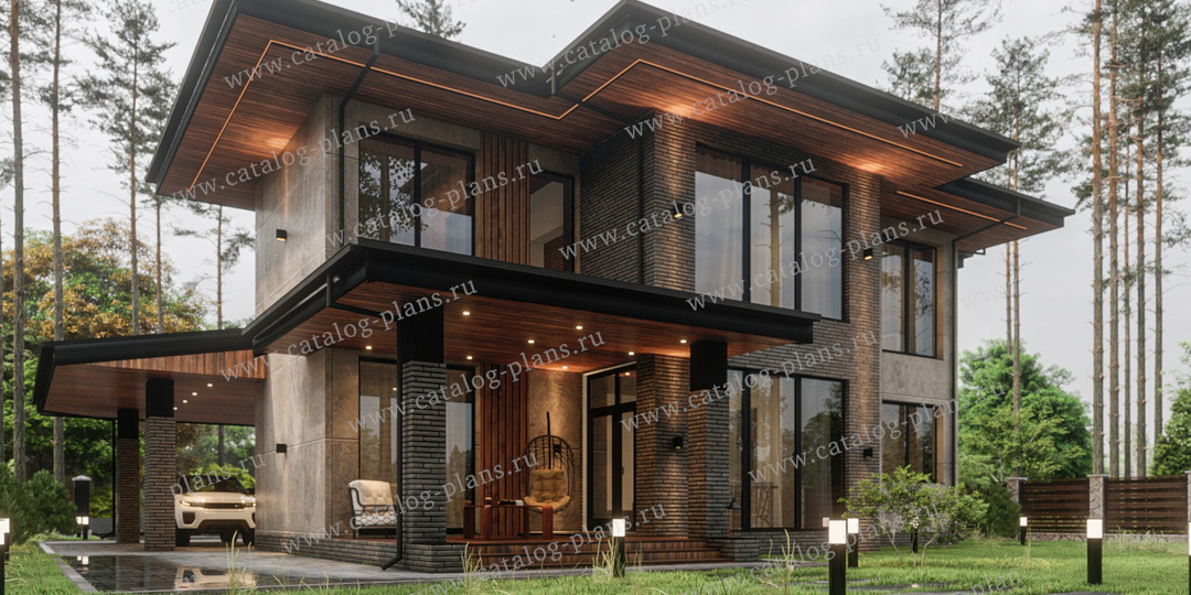 Проект 75-15: дом в стиле Райта с террасой.