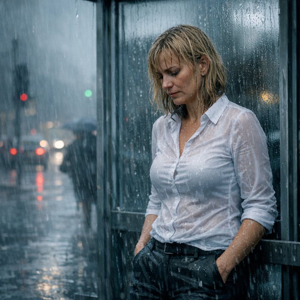 "Промокшая насквозь в одежде, которая больше не по размеру."