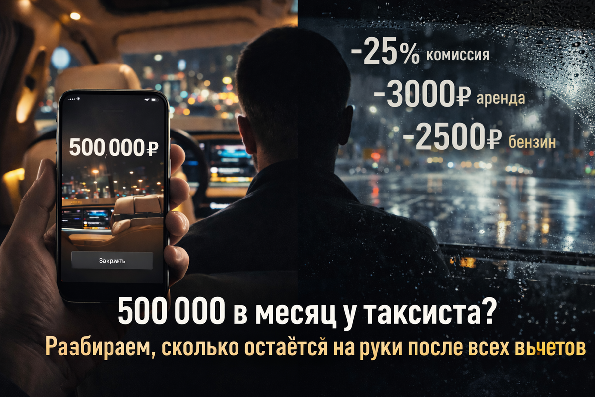 Коллаж на тему работы таксистом. Слева — привлекательный скриншот дохода в 500 000 рублей в приложении. Справа — тёмная дорога ночью в дождь с наложенными цифрами расходов. По центру — задумавшийся водитель. Текст: «500 000 в месяц у таксиста? Разбираем, сколько остаётся на руки после всех вычетов»
