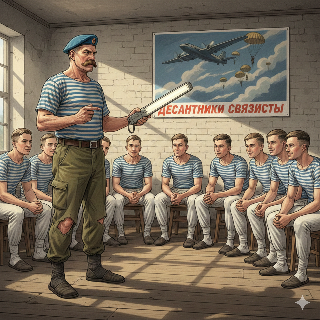 Через два или три месяца к нам пришло понимание того, что мы попали в элиту ВДВ, радисты, телефонисты, мастера приема и передачи шифрограмм, это вам не того. Это ограниченный войск, Радист нужен в каждой разведывательной группе, это золотой потенциал десанта. Картинка создана ии, по описанию автора.
