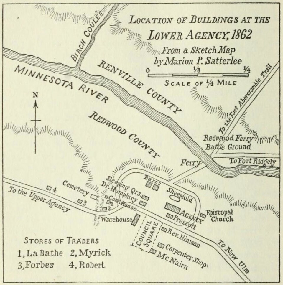 Схема места действия бойни у Редвудской переправы, переправа и дорога от Форта Риджли - в правом нижнем углу. (Borrowed from here: https://en.wikipedia.org/wiki/Battle_of_Redwood_Ferry ; https://en.wikipedia.org/wiki/Battle_of_Redwood_Ferry ; thanks to Wikipedia and  the Uploader; item is in public domain)