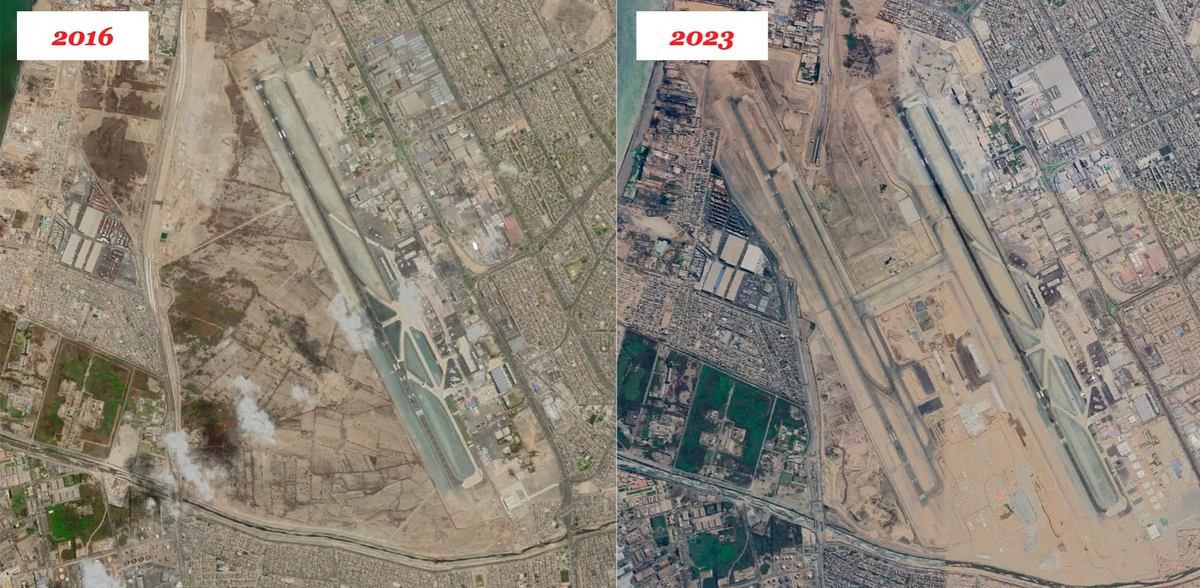 Cравнение аэропорта имени Хорхе Чавеса показывает, как продвигался проект расширения с 2016 по 2023 год. (Google)