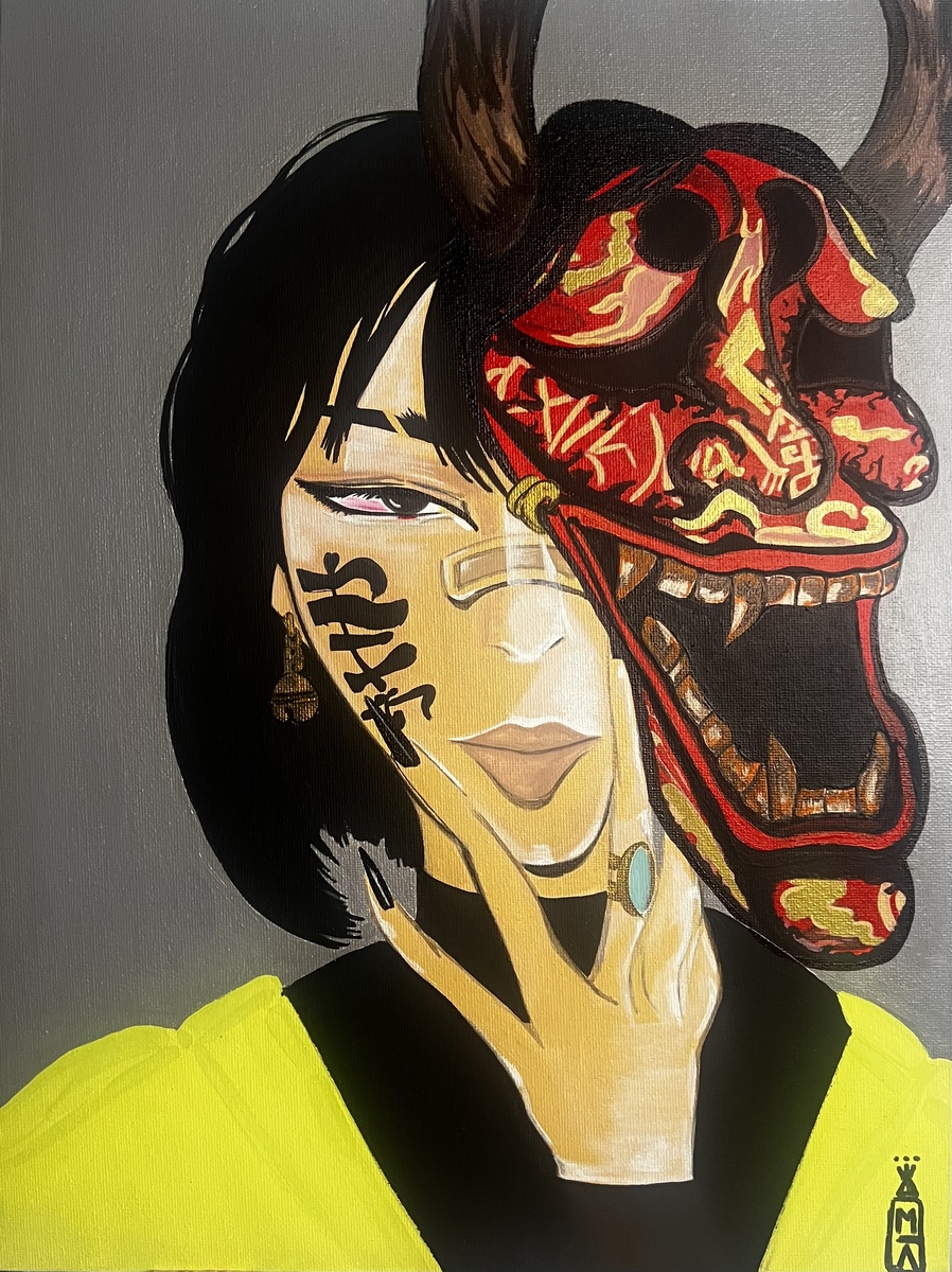 Картина: 🖼️ 
Девушка в маске демона Хання (般若).
Размер: 30х40.
Дата создания: 5 января 2026г.
Лимитированная коллекция.
Техника и материалы: картина написана акрилом , гуашь на холсте .
Стиль: сочетание урбанистического граффити, поп-арта и японской символики.