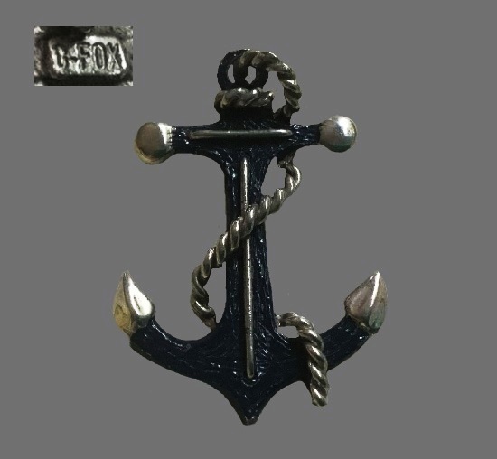 B-Fox Англия. Брошь в виде якоря. Стерлинговое серебро, эмаль. 7 см. 1960-е годы. Малоизвестные бренды винтажной бижутерии.