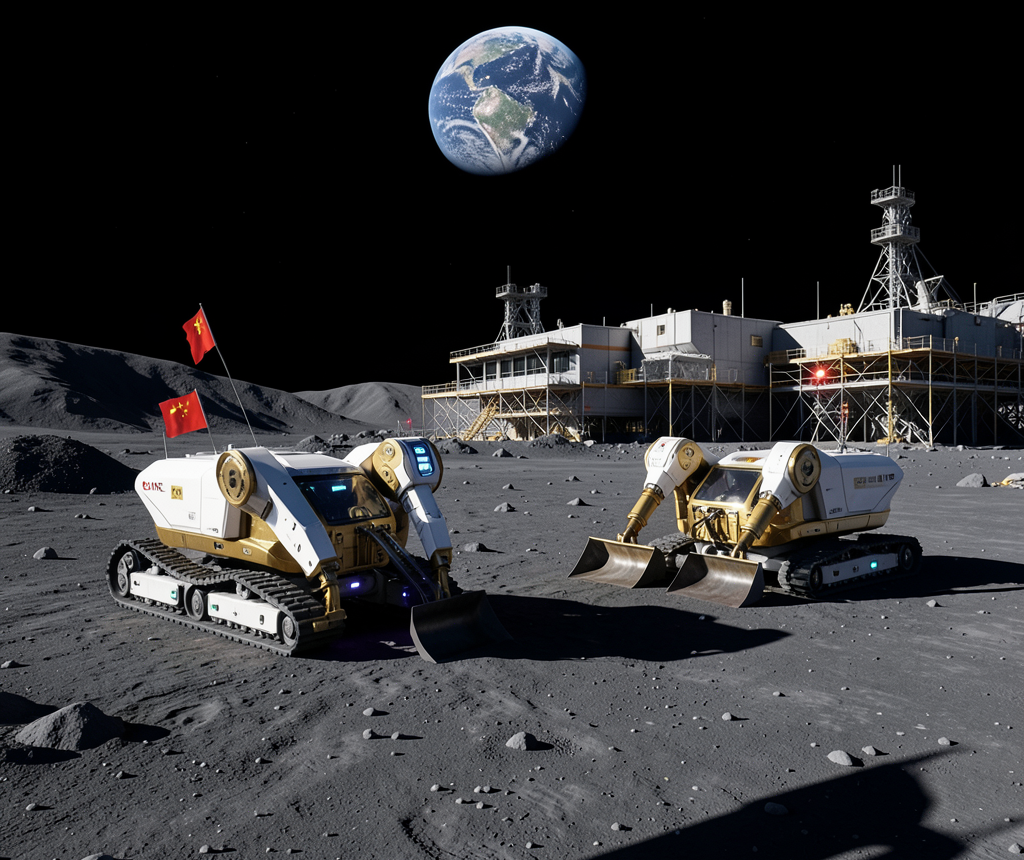Cinematic wide shot of futuristic Chinese lunar rovers (CNSA) mining dark grey regolith on the Moon's South Pole.