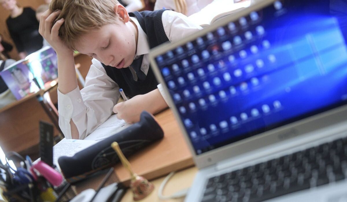     Ученик во время электронного урока в московской школе. Источник: © РИА Новости Автор фото: Григорий Сысоев