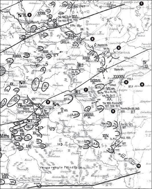 Расположение армейской группы «Центр». Вечер 7 июля 1941 года: 1 – Великие Луки; 2 – Даугавпилс; 3 – Полоцк; 4 – Витебск; 5 – Орша; 6 – Монастырщина; 7 – Борисов; 8 – Минск; 9 – Могилев; 10 - Гомель