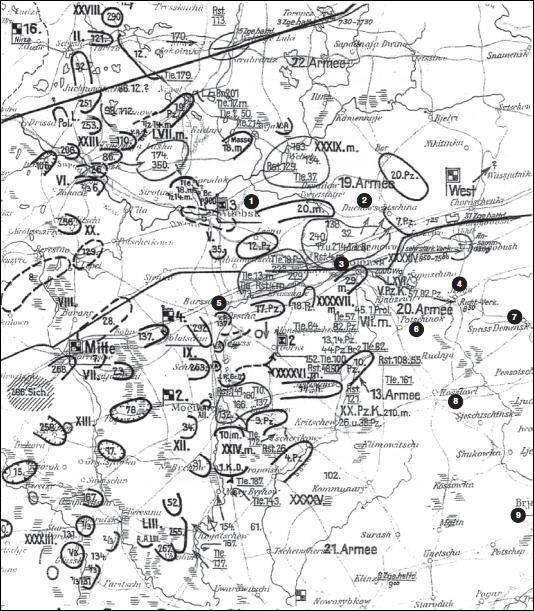 Расположение армейской группы «Центр». Вечер 16 июля 1941 года: 1 – Витебск; 2 – Духовщина; 3 – Смоленск; 4 – Ельня; 5 – Орша; 6 – Починок; 7 – Спасо-Деменск; 8 – Рославль; 9 – Брянск