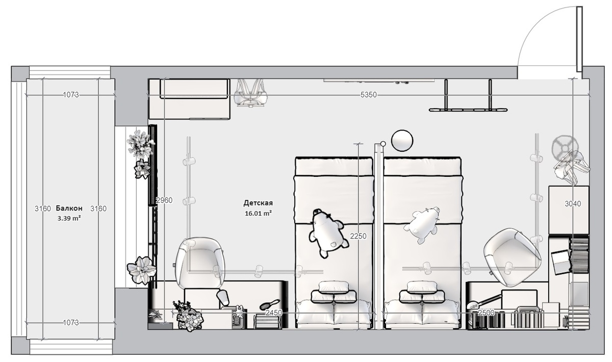 Планировочное решение. Площадь комнаты 16 кв.м.