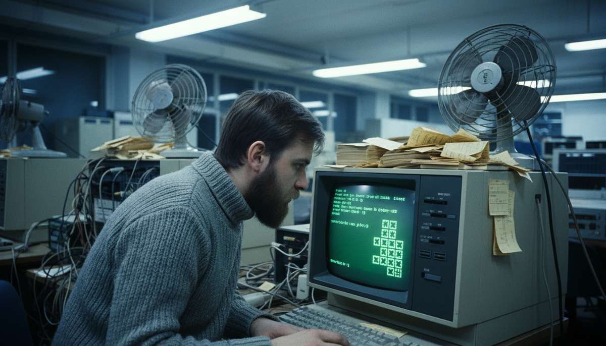 Тесная комната, огромный компьютер «Электроника-60», зеленый текст на черном экране.