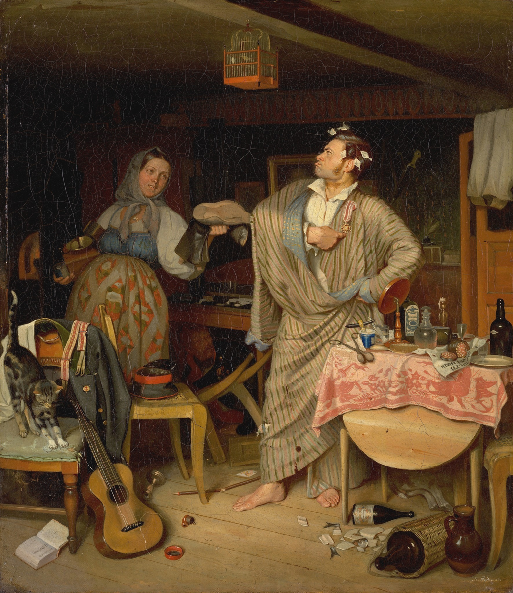 "Свежий кавалер". Утро чиновника, получившего первый крестик", 1846 год. Холст, масло. 48 x 42 см. Государственная Третьяковская галерея