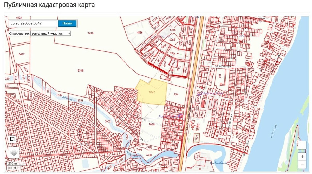    Скриншоты кадастровой карты с выделением участка, где появится новое жилье   Публичная кадастровая карта / roscadastres.com