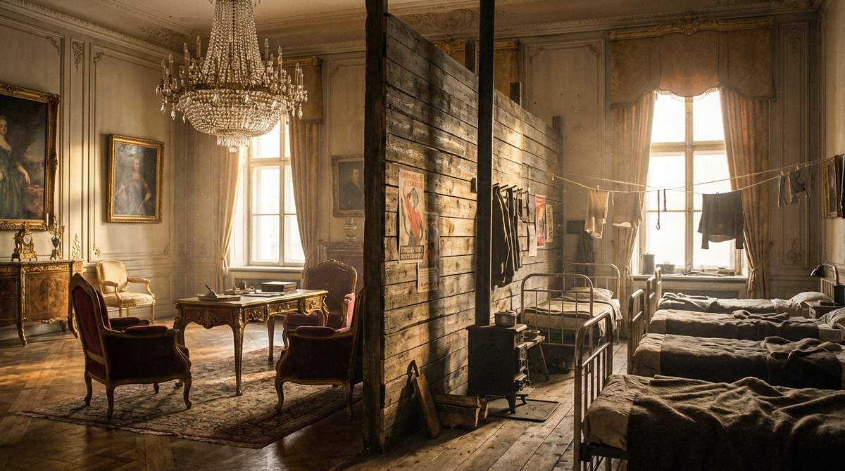 Роскошная гостиная, разделенная фанерной перегородкой