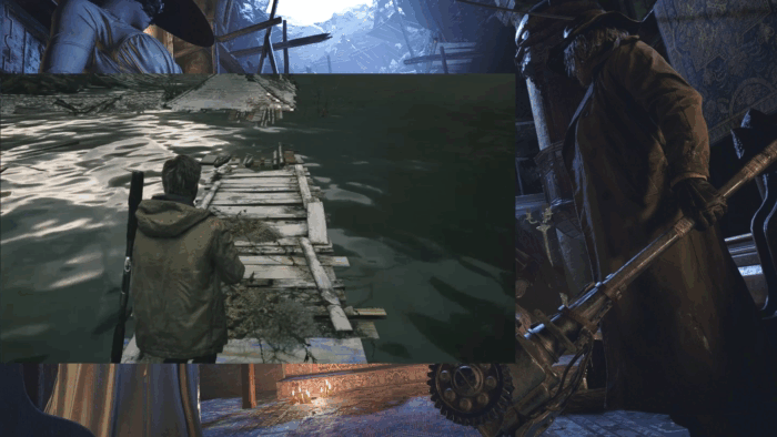 Gif картинка "Итан пытается избегать водного обитателя"