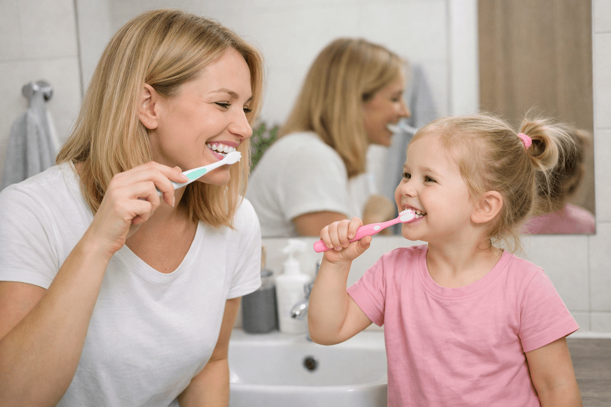 Мама с дочкой чистят зубы