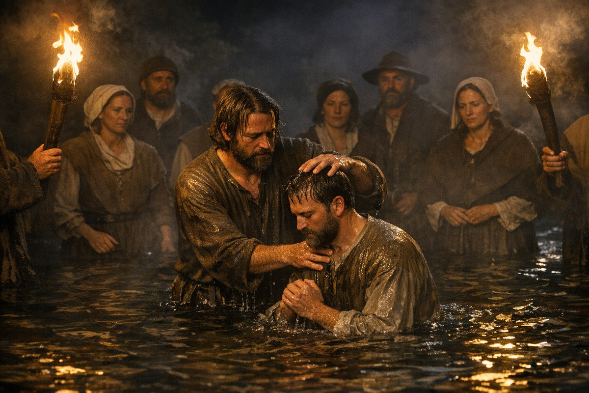 Ночная сцена тайного крещения взрослых в реке. Швейцария, 1525 год.