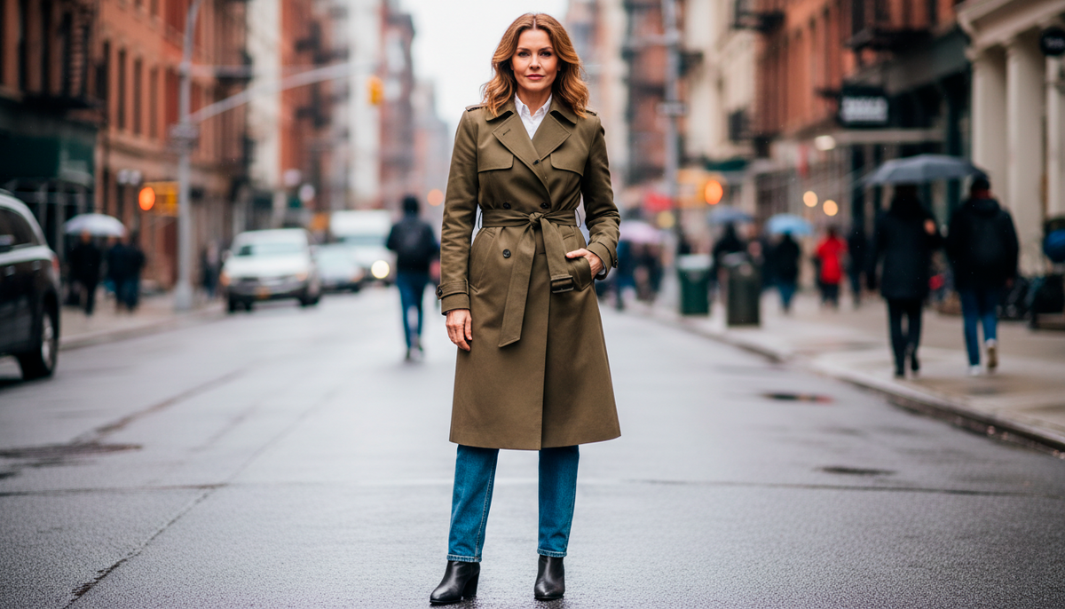 Обратите внимание на чёткую линию плеч и лёгкое прилегание по фигуре, вот что отличает правильный тренч от бесформенного балахона. Длина чуть ниже колена вытягивает силуэт, а цвет хаки выглядит посовременнее.