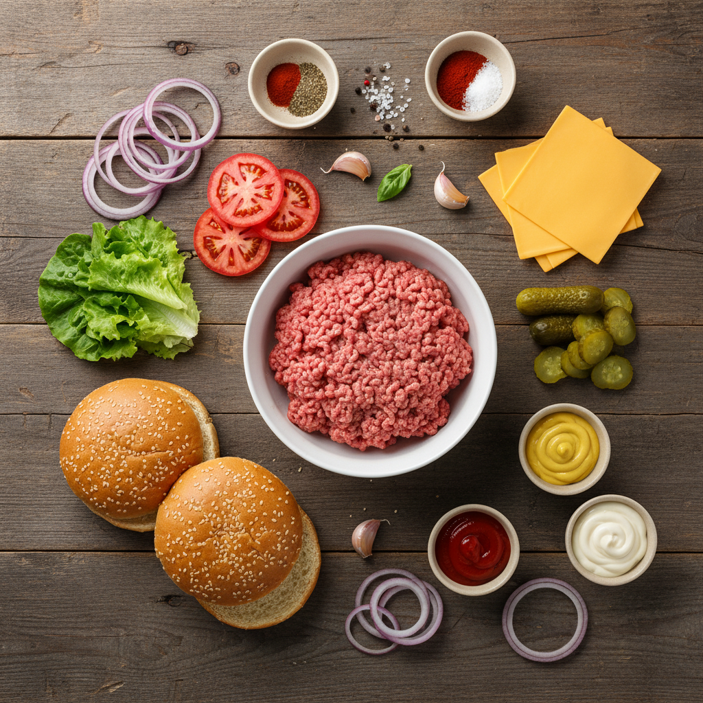 Базовый набор: говядина, булочки, сыр, огурчики, лук, салат, специи и домашний соус — всё просто и натурально.