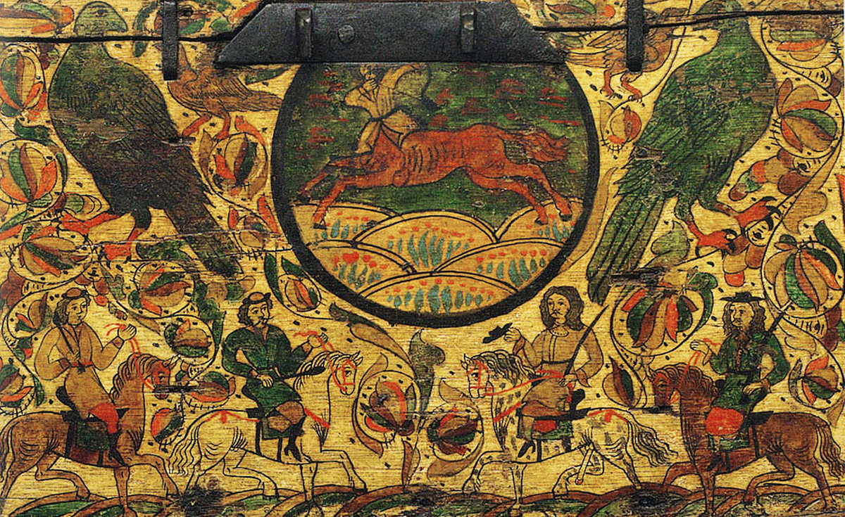 Роспись на крышке сундука. Полкан и четыре всадника. Начало XVIII в. Государственный Исторический музей.