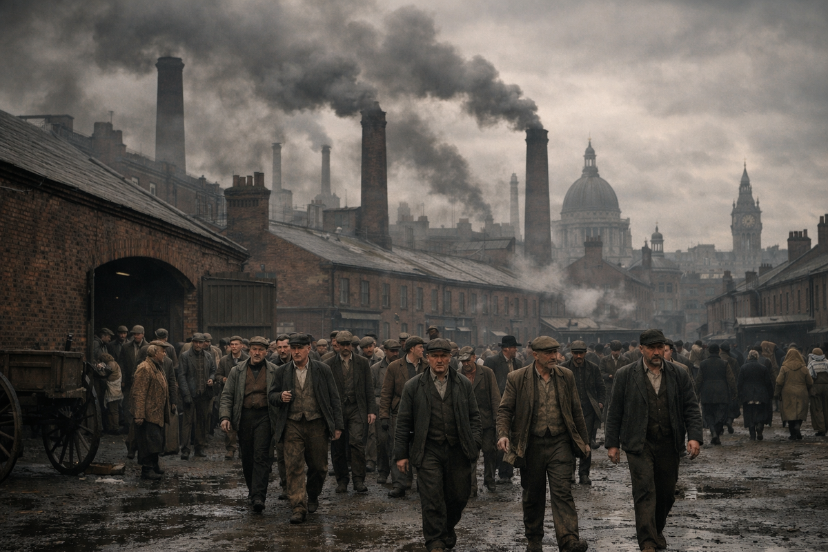 Лондон конца XIX века. Промышленные районы, фабричные трубы, густой дым. Рабочие выходят из фабрики. На заднем плане — викторианская архитектура.