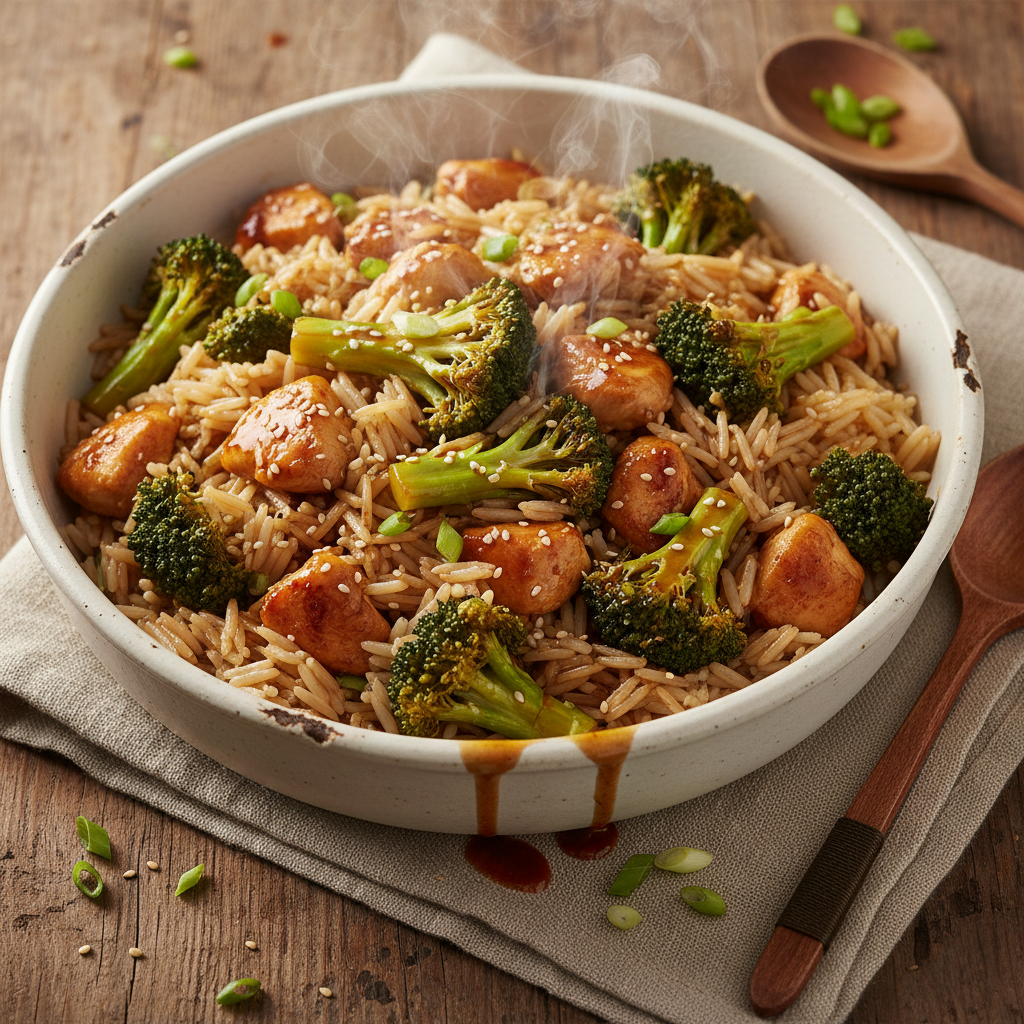 Курица с брокколи в соевом соусе и рисом
