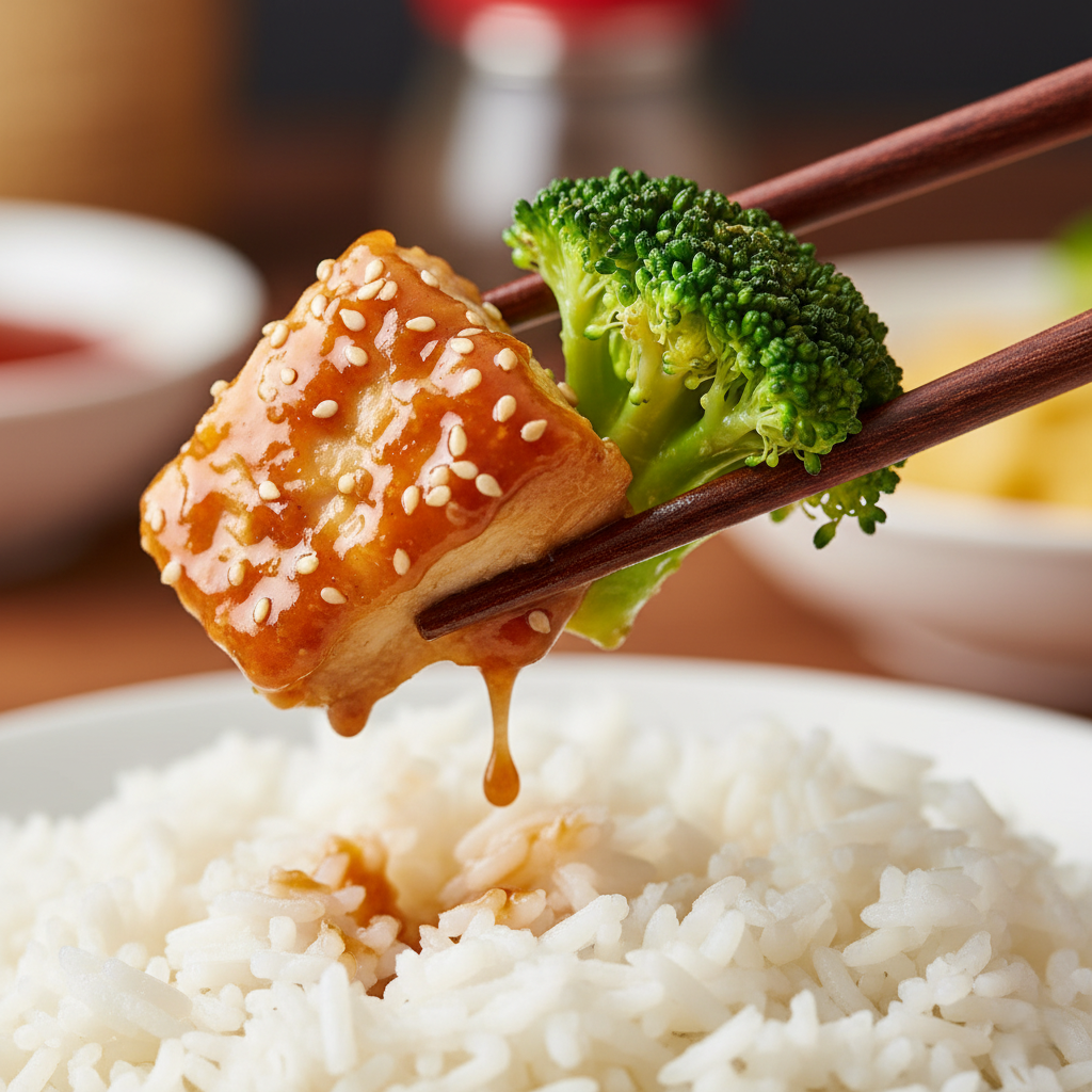 Курица с брокколи в соевом соусе и рисом