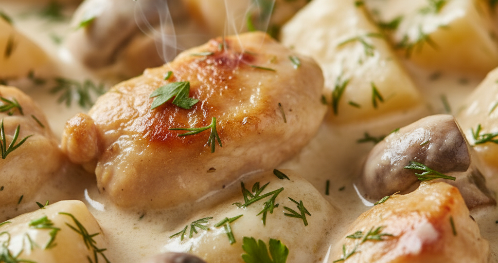 Нежное жаркое из курицы с грибами и картофелем: готовим сытно и почти в одной кастрюле