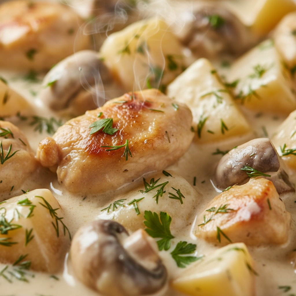 Нежное жаркое из курицы с грибами и картофелем в сметанном соусе