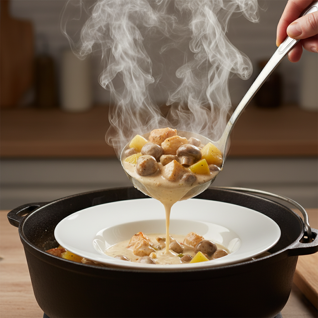 Нежное жаркое из курицы с грибами и картофелем в сметанном соусе