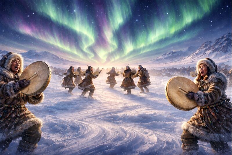 Аллегория танца северных народов. Изображение сгенерировано нейросетью ChatGPT.