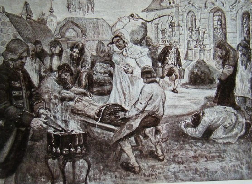 Иллюстрация работы В. Н. Курдюмова к энциклопедическому изданию «Великая реформа», на которой изображены истязания Салтычихи «по возможности в мягких тонах»