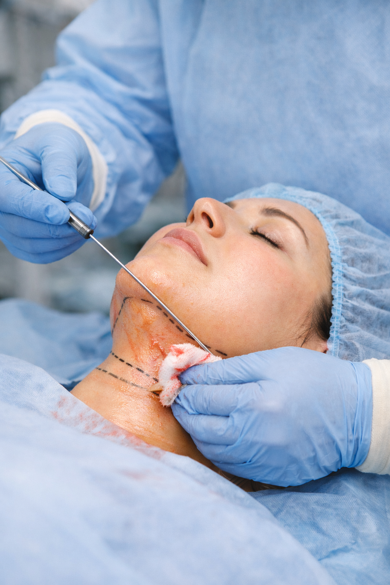 Липоредукция подбородка проводится под местной анестезией через микропроколы без швов, а врач канюлей аккуратно уменьшает жировой объём, формируя естественный и симметричный контур.