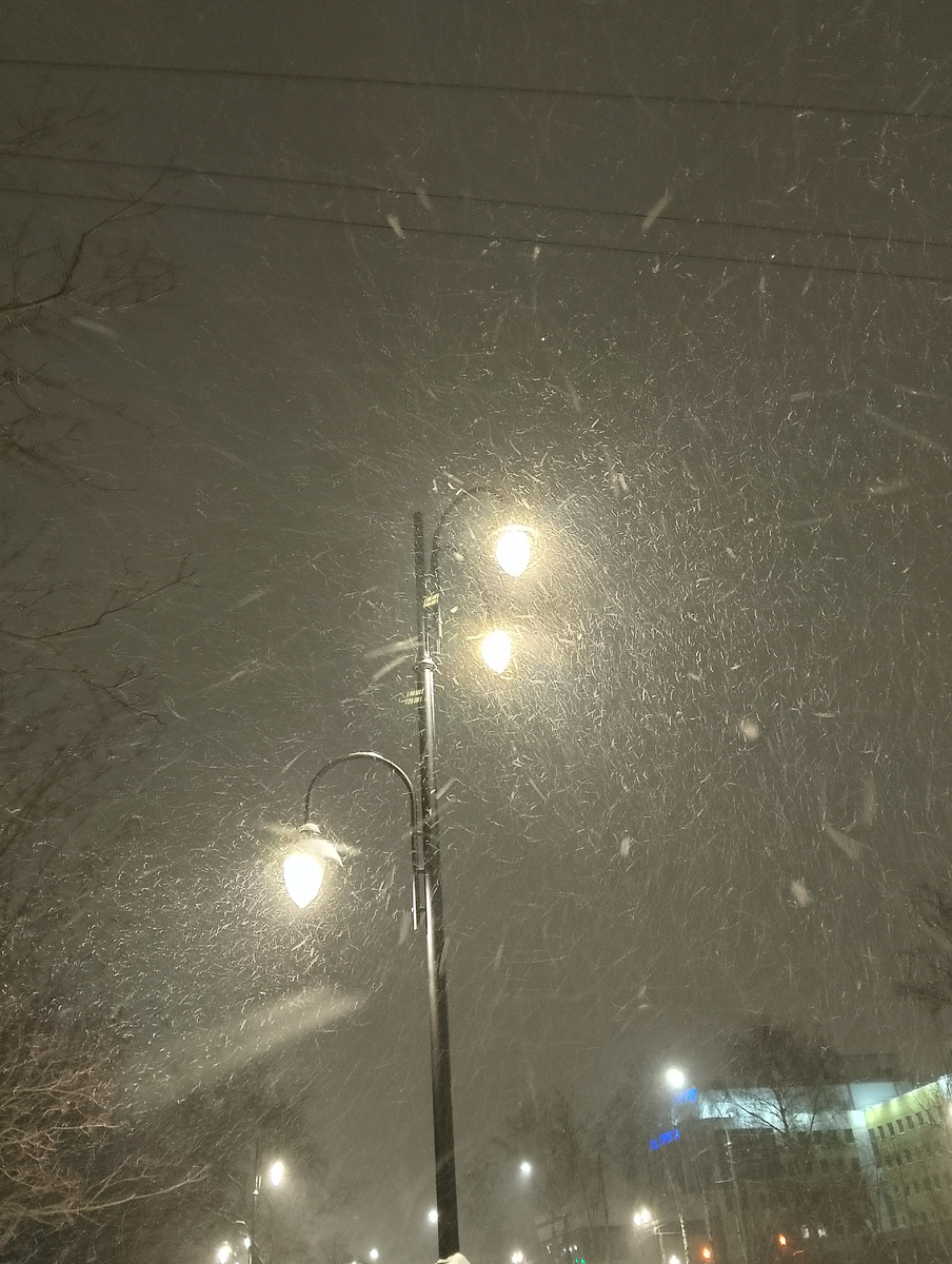 Особенно эффектно снег смотрелся в свете новых фонарей, фото автора 