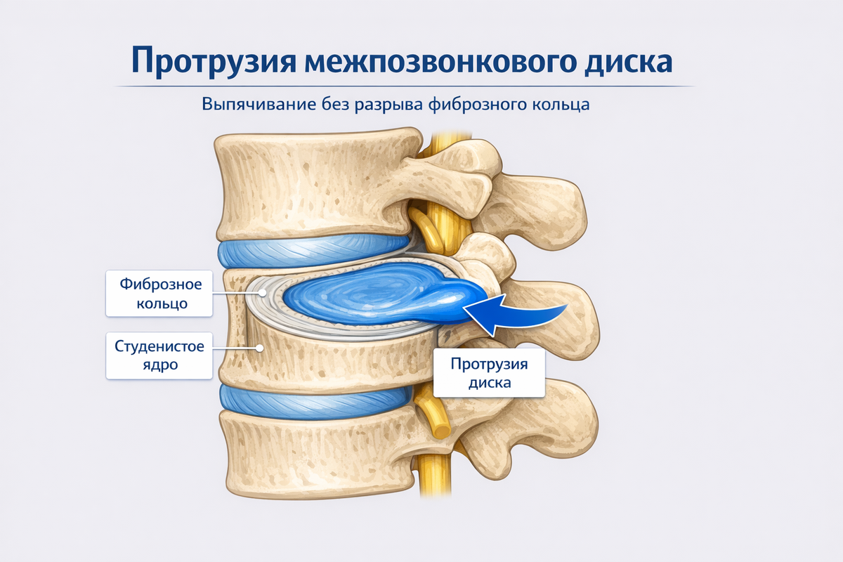 Протрузия межпозвонкового диска, выпячивание диска без разрыва фиброзного кольца (то есть диск “выходит” за привычные границы, но оболочка ещё цела).