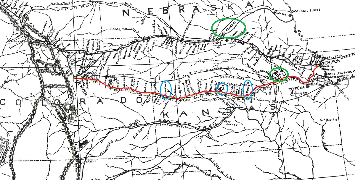 Районов Фортов и Райли и Кеарни  отмечены зелёным                                                                                (Map borrowed from here (thanks, Wikipedia): https://en.wikipedia.org/wiki/Butterfield_Overland_Despatch#/media/File:Butterfield_Overland_Despatch_route_-_colorized_-_Roy_D._Marsh.jpg (no mods except for marking some points with blue or green)