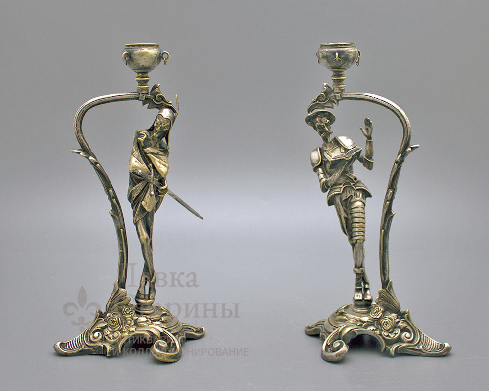 Парные подсвечники, Российская империя, Царство Польское, Варшава, фирма Фраже (Fraget), 19 в., латунь, серебрение. Фото с нашего сайта dvaveka.ru
