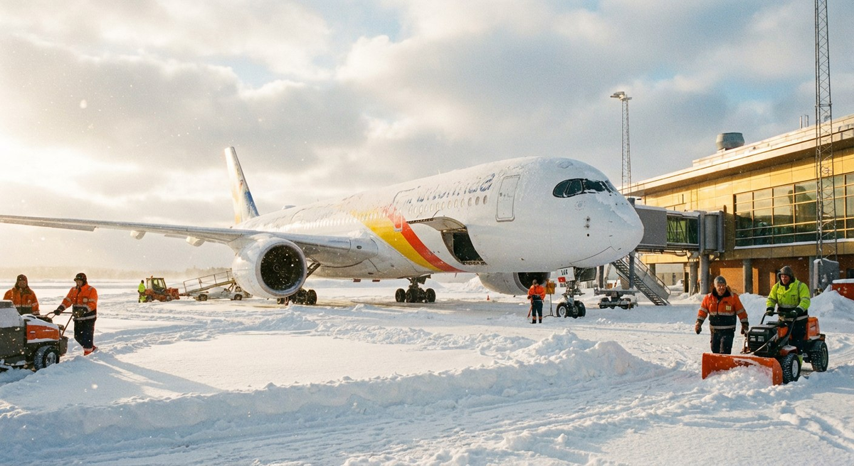 Снегопад в Москве: 12 авиарейсов отменены из-за закрытия Шереметьево. Фото: нейросеть