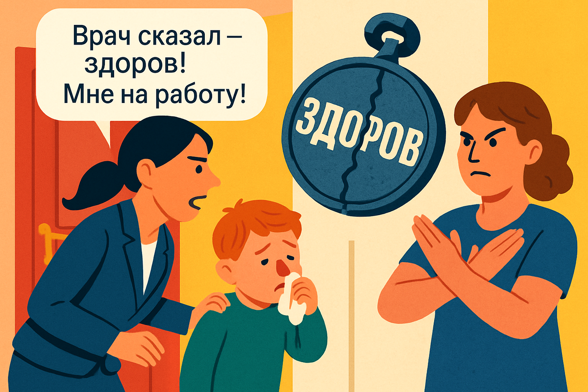 Мы честно отсидели две недели на больничном. Врач послушала, сказала: «Легкие чистые, это остаточное», — и выписала справку. Я лечу в сад, опаздываю на совещание. А в дверях встает воспитательница: — Не пущу! Он булькает! Мне ваша бумажка не указ, он сейчас всю группу заразит! И меня развернули. С официальным документом и печатью