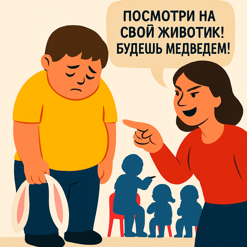  Воспитательница прямо перед всей группой заявила:  «Саша, ну какой из тебя зайчик? Ты же пол проломишь! Будешь медведем». Дети засмеялись. Саша теперь отказывается ужинать: «Мама, я правда толстый?». В сад идти боится до истерики