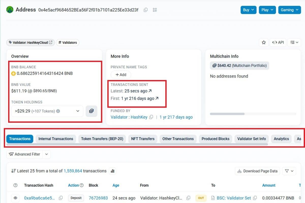 Система покажет баланс, время первой и последней операций. Можно посмотреть историю сделок, в том числе отдельно по монете BNB, по NFT и другим категориям токенов. Источник: BscScan📷
