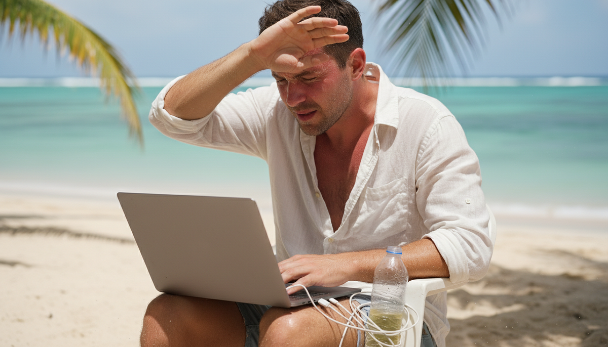 Реальность цифрового кочевника: чтобы хоть что-то увидеть на экране, приходится прятаться в самой темной тени и забыть о красивых кадрах с ноутбуком у самой кромки воды.