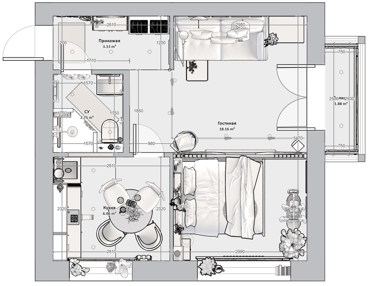 План расположения мебели и потолочного освещения